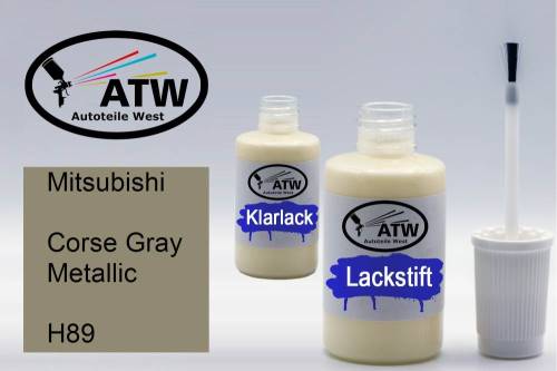 Mitsubishi, Corse Gray Metallic, H89: 20ml Lackstift + 20ml Klarlack - Set, von ATW Autoteile West.